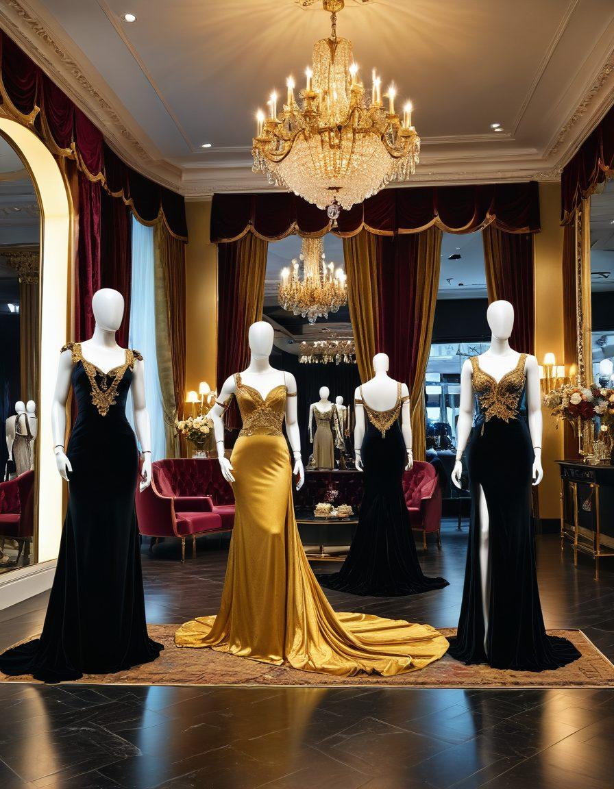 A luxurious boutique interior showcasing opulent fashion apparel on elegant mannequins, with intricate gold accents and rich velvet drapes. Stylish individuals browsing and admiring the lavish clothing under warm, luxurious lighting that enhances the sophisticated ambiance. super-realistic. vibrant colors. elegant atmosphere.