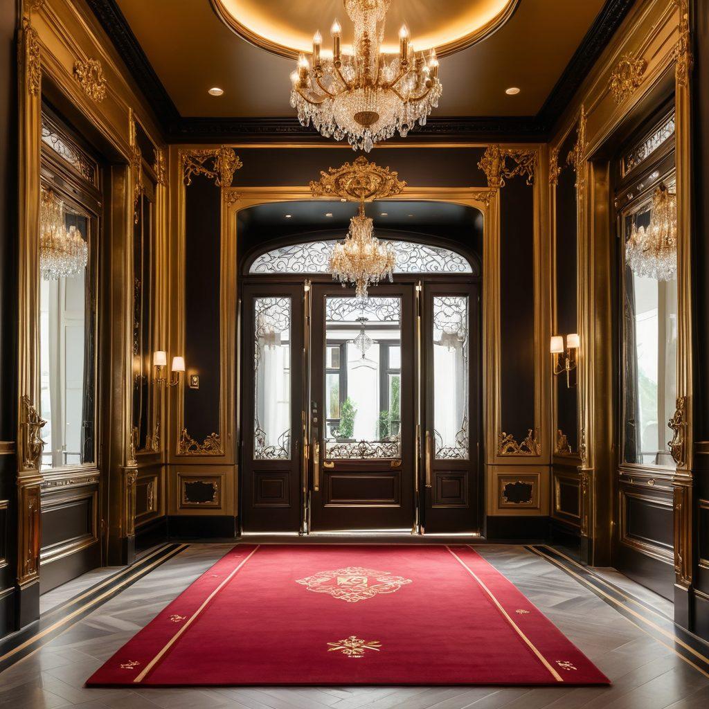 A stylish and elegant boutique entrance with red carpet, sparkling chandeliers, and sophisticated fashion models showcasing trendy outfits. The atmosphere should exude exclusivity and high-end luxury with gold accents and designer logos subtly integrated. super-realistic. vibrant colors. elegant aesthetics.