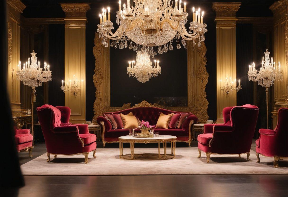 A sophisticated, luxurious fashion runway with elegant models showcasing exquisite, high-end designer clothes and accessories under dazzling lights. The audience is well-dressed and stylish, sipping champagne in an opulent setting with crystal chandeliers, gold accents, and velvet armchairs. The scene exudes exclusivity and glamour. super-realistic. vibrant colors.